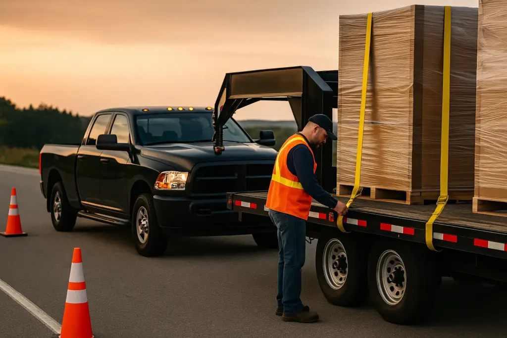 “Hotshot driver securing freight on gooseneck trailer for safe delivery.”