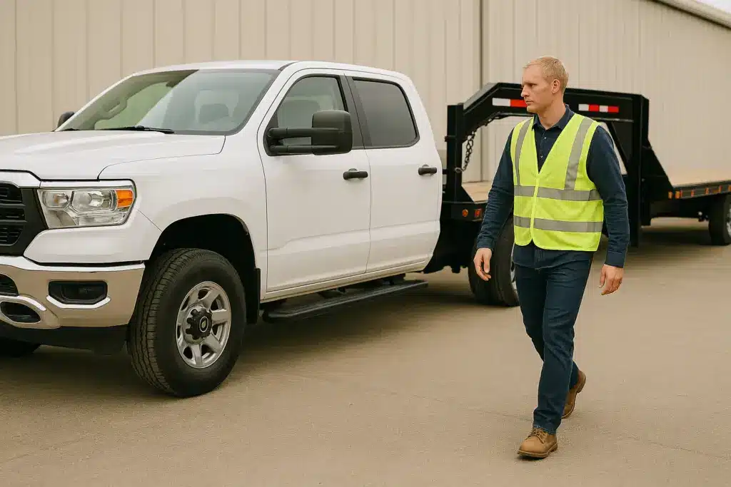 “Hotshot driver preparing pickup truck for time-critical delivery.”
